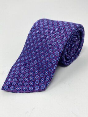 Eton Tie Purple Silk Jacquard Foulard Made in England Neck Floral Medallion Neck